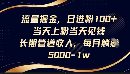 流量掘金,日进粉100+,当天上粉当天见钱,长期管道收入,每月躺挣5k-领航资源站